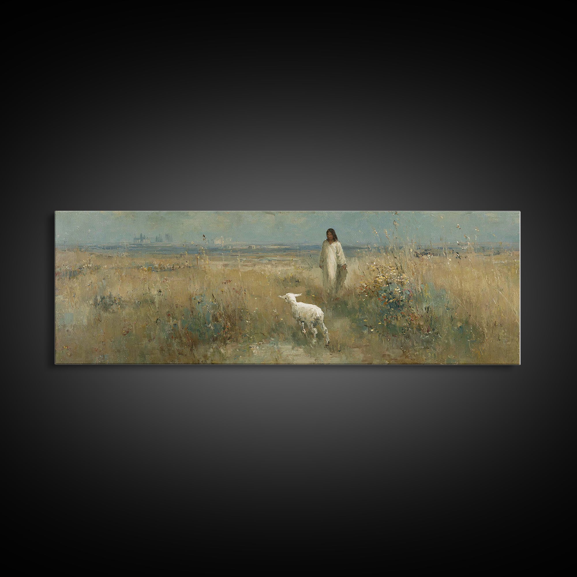 Quiet Meadow Grace, Framed Canvas Print, Christian Wall Art, Panoramic Print, Jesus Painting, Christian Christmas Art, Christian Art Canvas