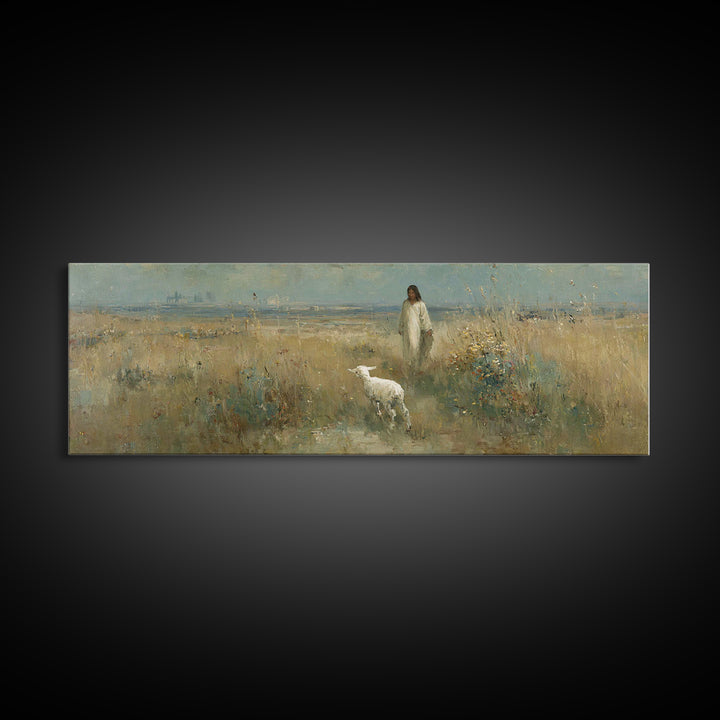 Quiet Meadow Grace, Framed Canvas Print, Christian Wall Art, Panoramic Print, Jesus Painting, Christian Christmas Art, Christian Art Canvas