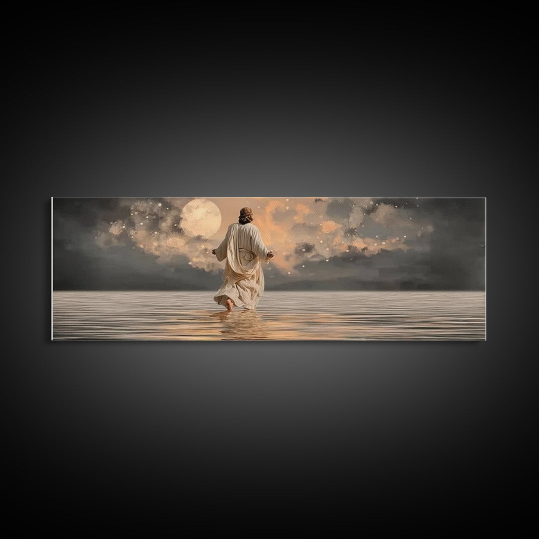 Moonlit Savior Calm – Framed Canvas Print – Panoramic Art – Christian Wall Art – Jesus Painting – Christian Art Canvas – Christmas Art