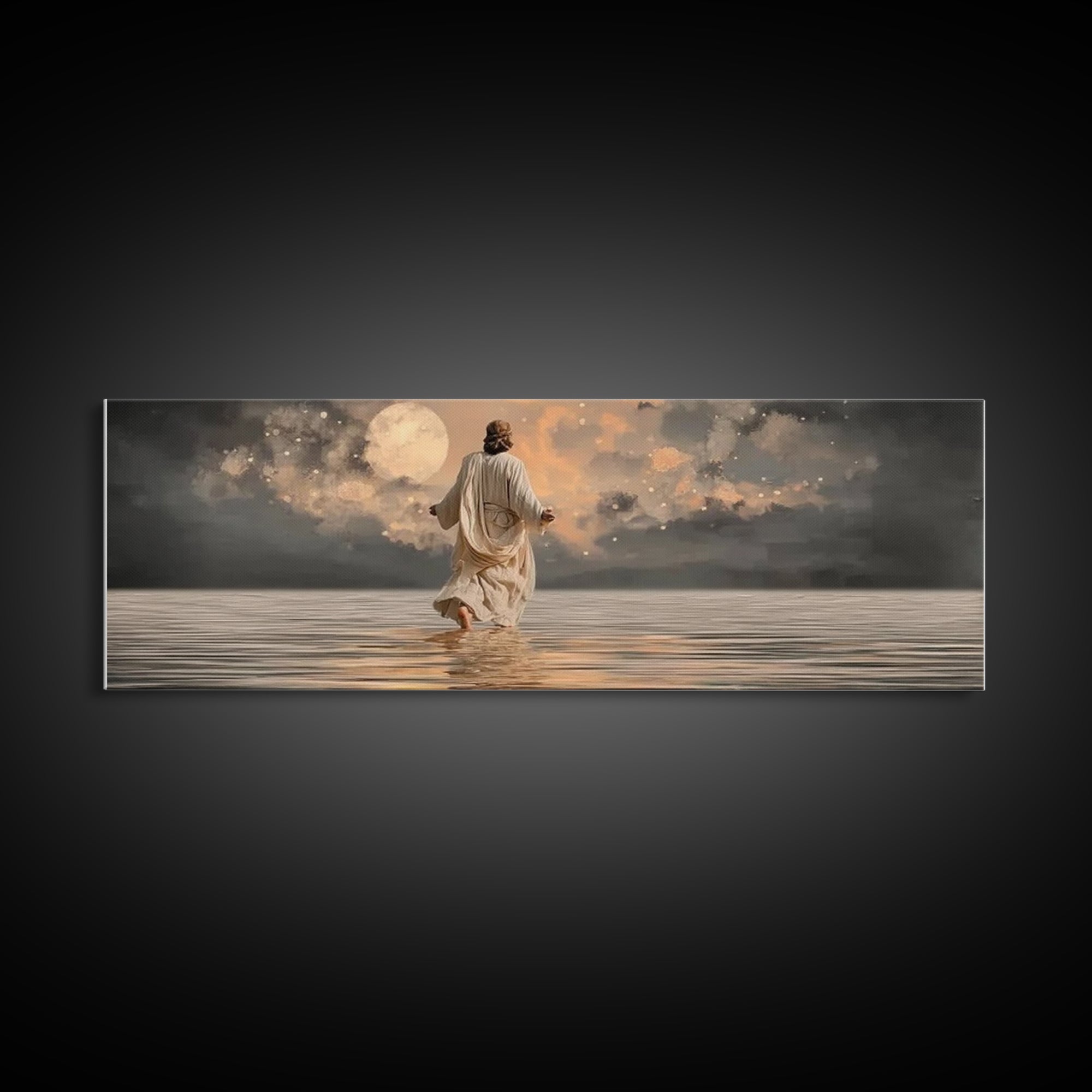 Moonlit Savior Calm – Framed Canvas Print – Panoramic Art – Christian Wall Art – Jesus Painting – Christian Art Canvas – Christmas Art