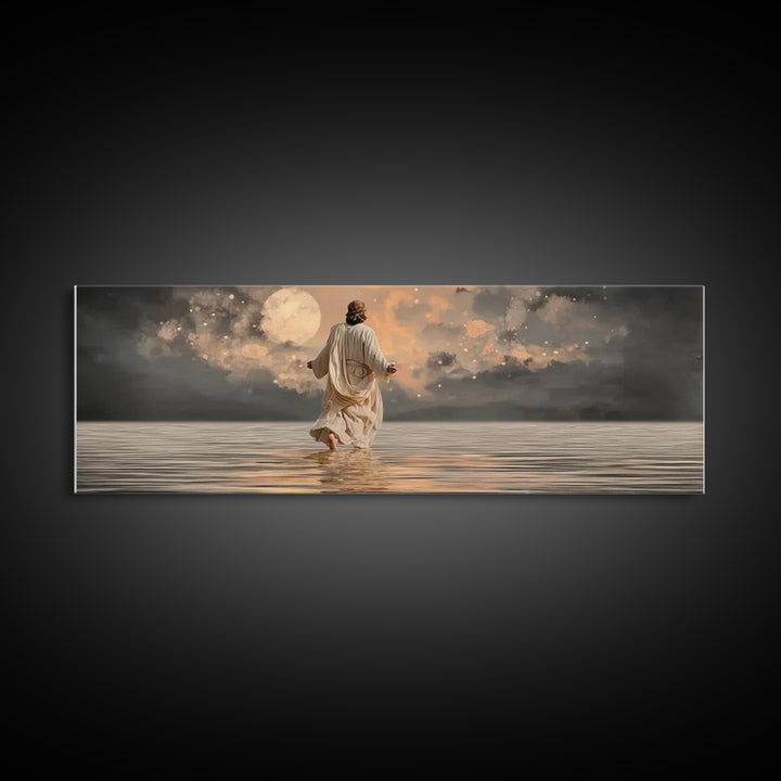 Moonlit Savior Calm – Framed Canvas Print – Panoramic Art – Christian Wall Art – Jesus Painting – Christian Art Canvas – Christmas Art