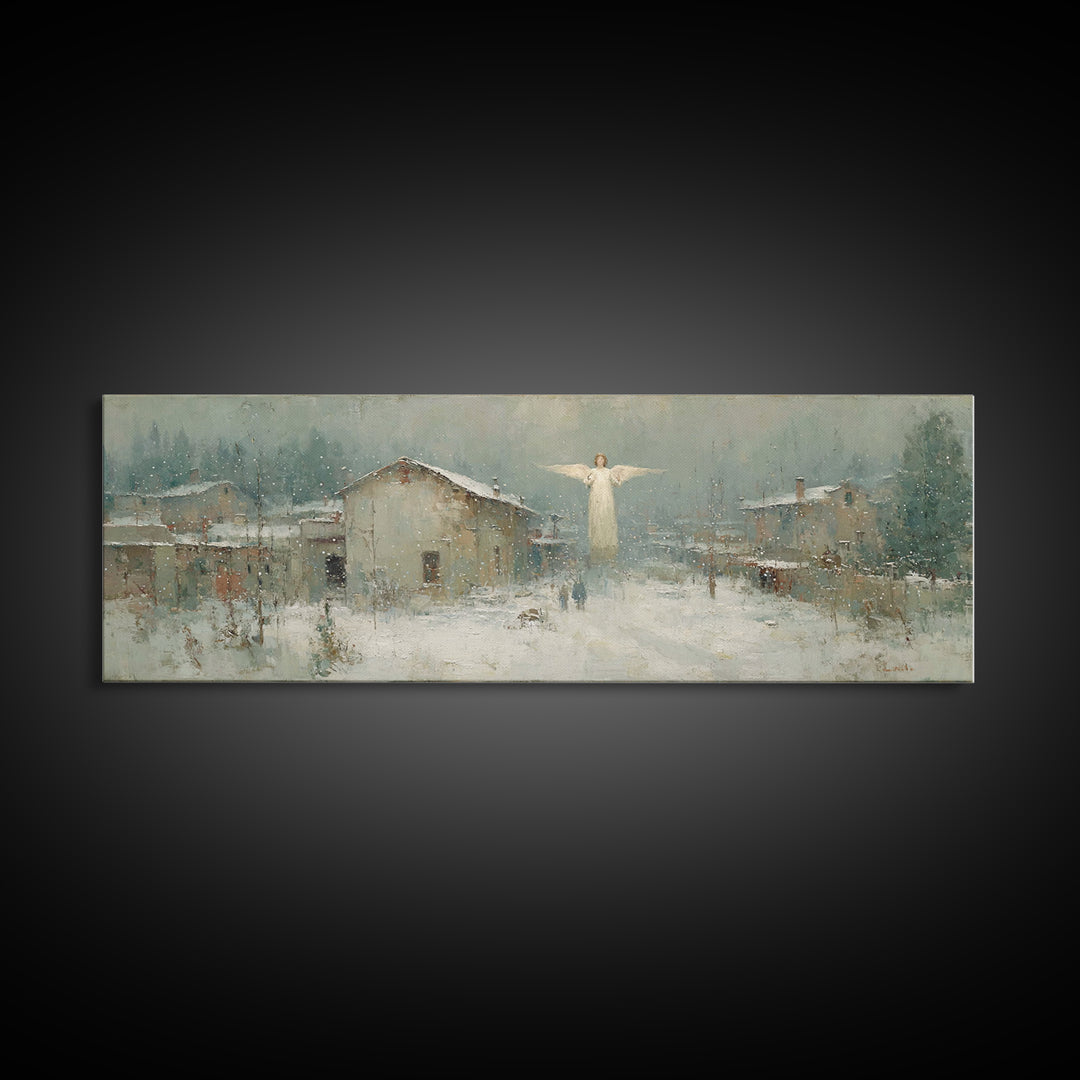 Winter Angel Blessing – Framed Canvas Print – Christian Wall Art – Panoramic Art – Christian Art Canvas – Christmas Art – Holiday Art