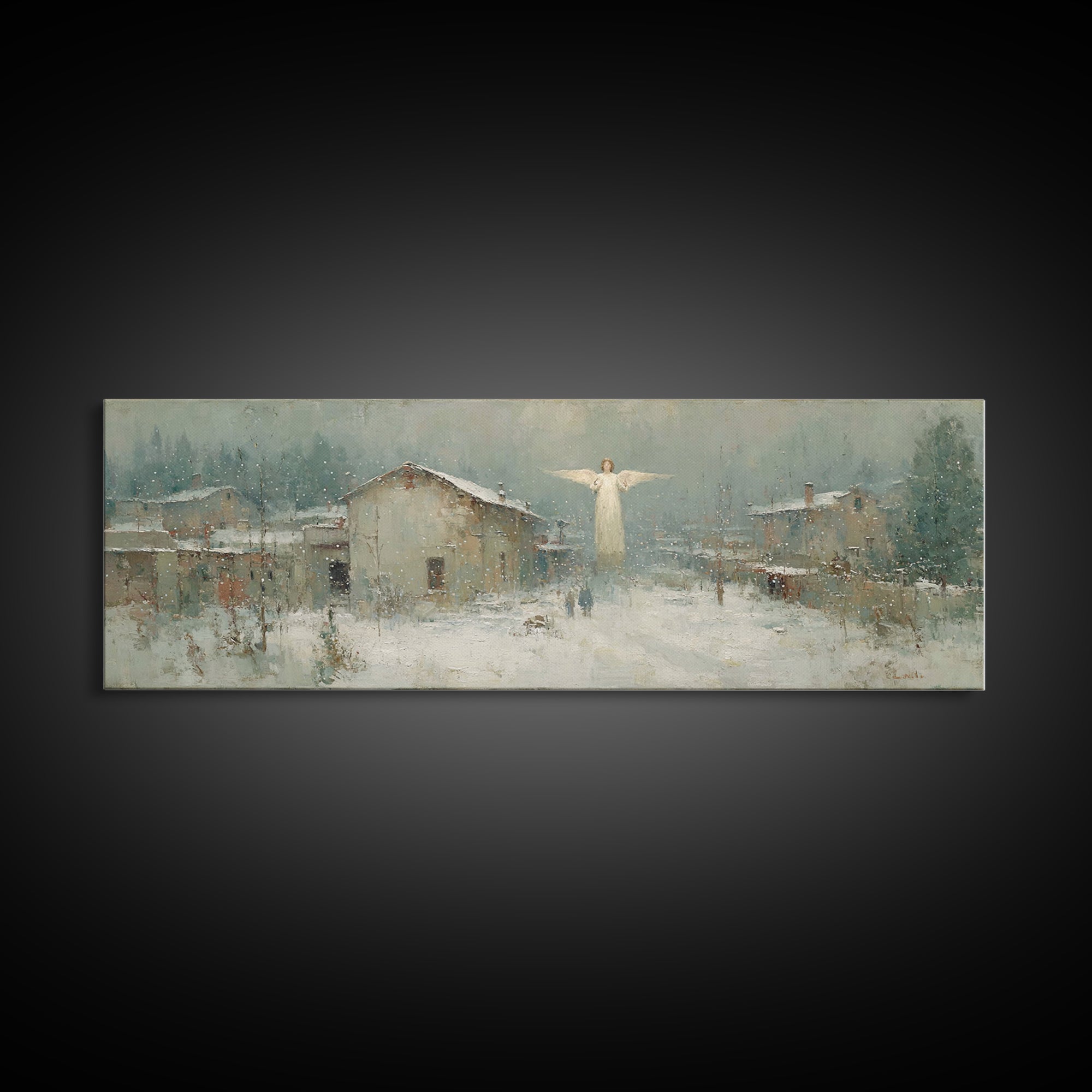 Winter Angel Blessing – Framed Canvas Print – Christian Wall Art – Panoramic Art – Christian Art Canvas – Christmas Art – Holiday Art