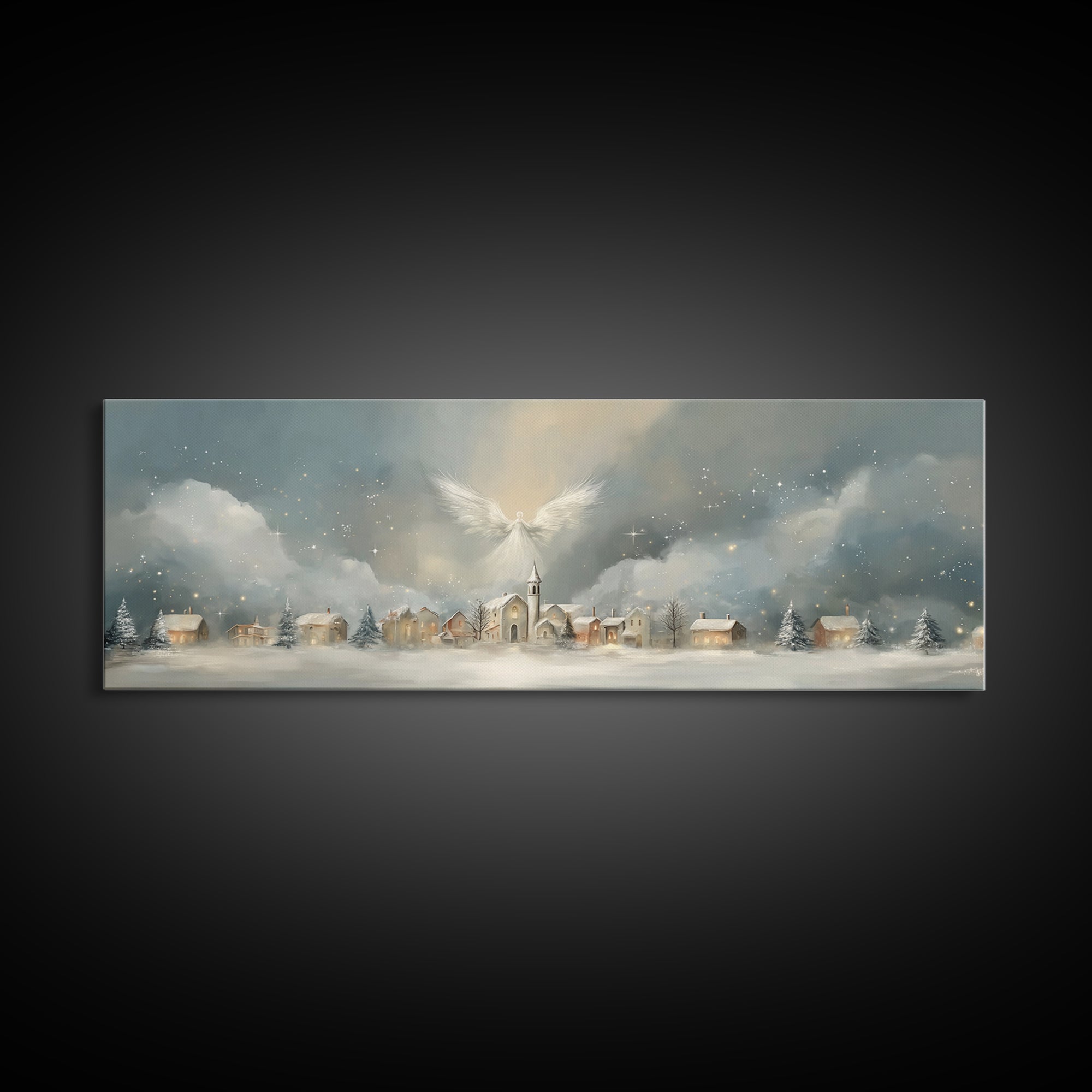Heavenly Village Light, Framed Canvas Print, Christian Wall Art, Panoramic Painting, Christian Christmas Art, Christian Art Canvas, Holiday