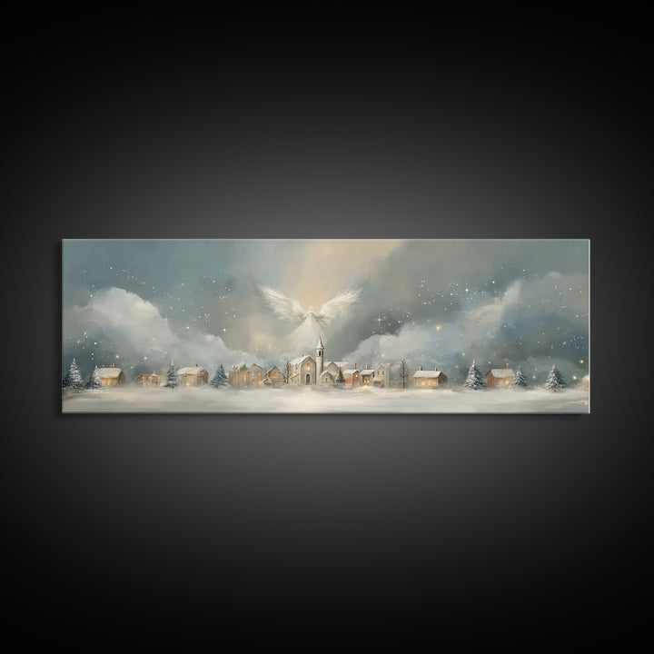 Heavenly Village Light, Framed Canvas Print, Christian Wall Art, Panoramic Painting, Christian Christmas Art, Christian Art Canvas, Holiday