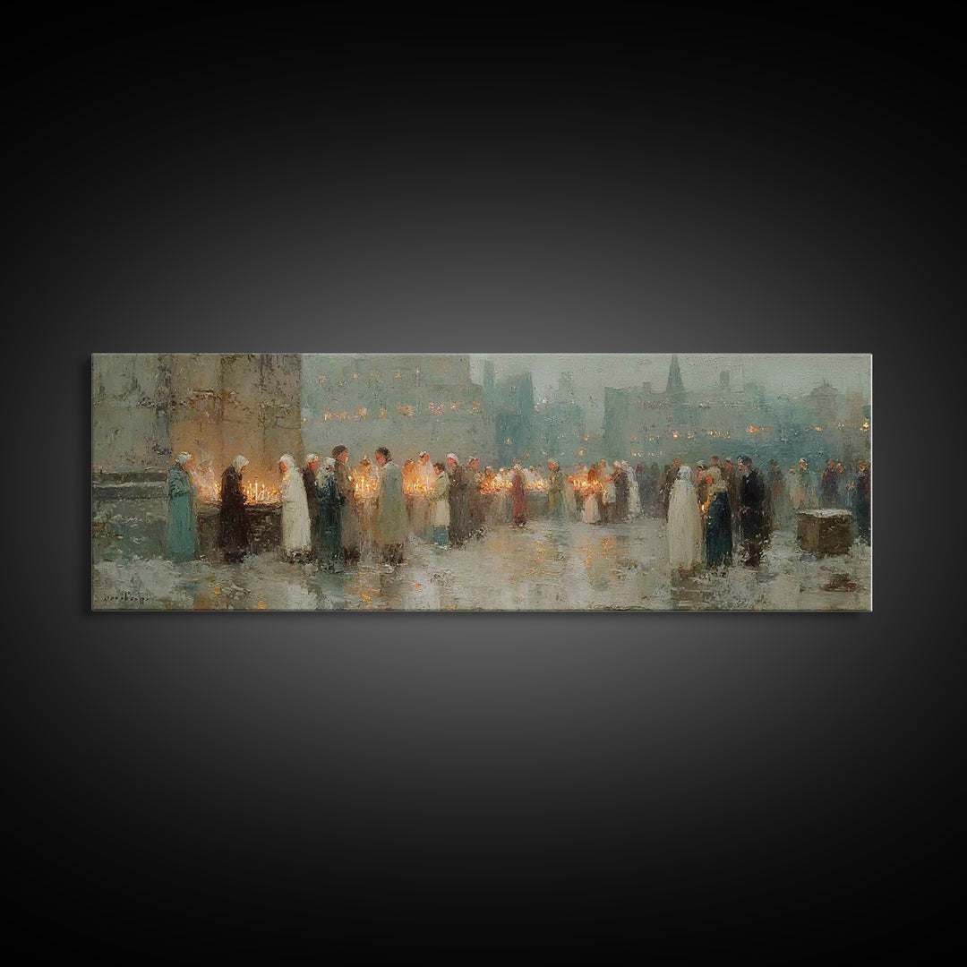Candlelight Gathering Hope | Framed Canvas Print | Christian Wall Art | Panoramic Frame | Christian Art Canvas | Christmas Art | Faith Art