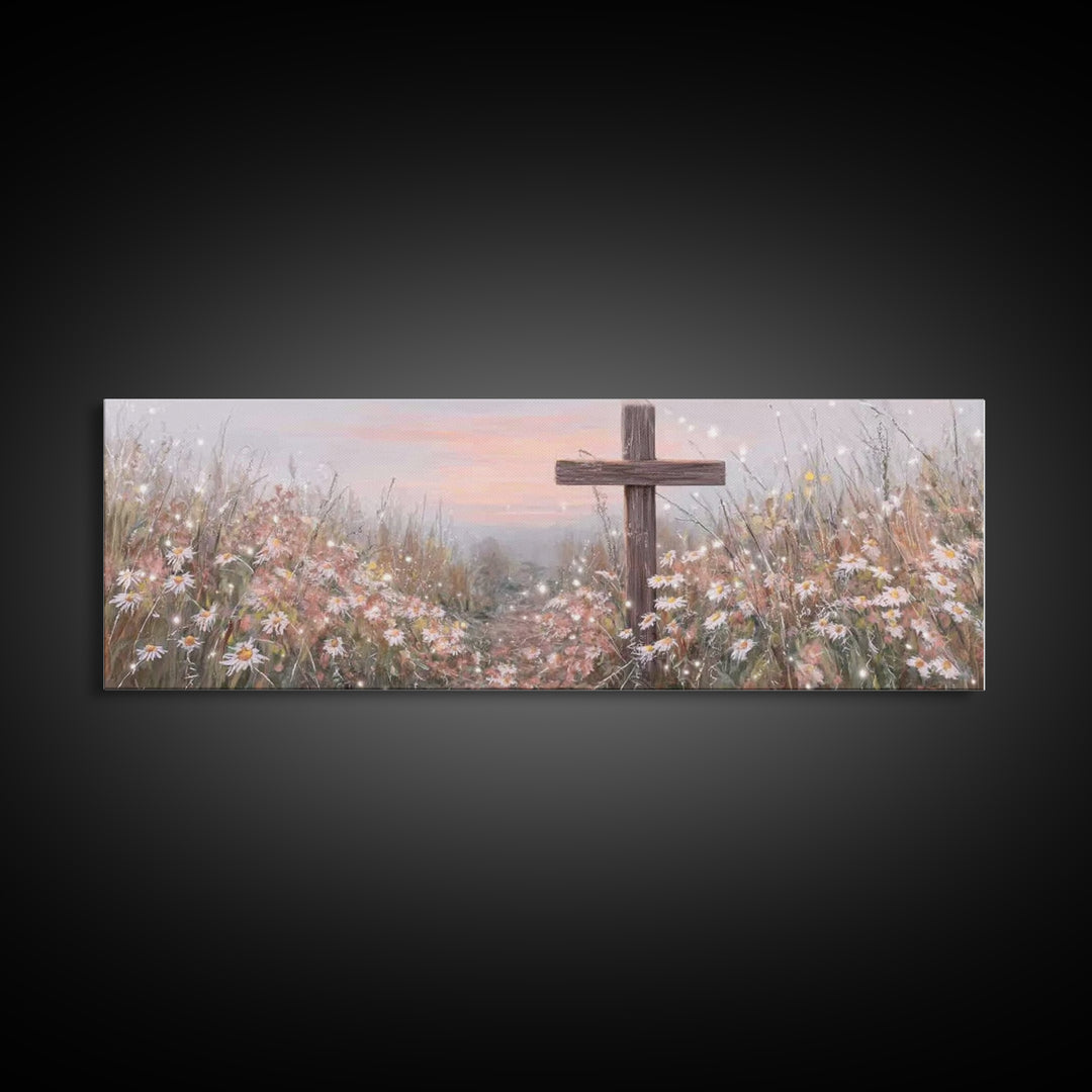 Silent Cross Meadow | Framed Canvas Print | Panoramic Wall Art | Christian Art Canvas | Subtle Christian Art | Christian Decor | Christmas