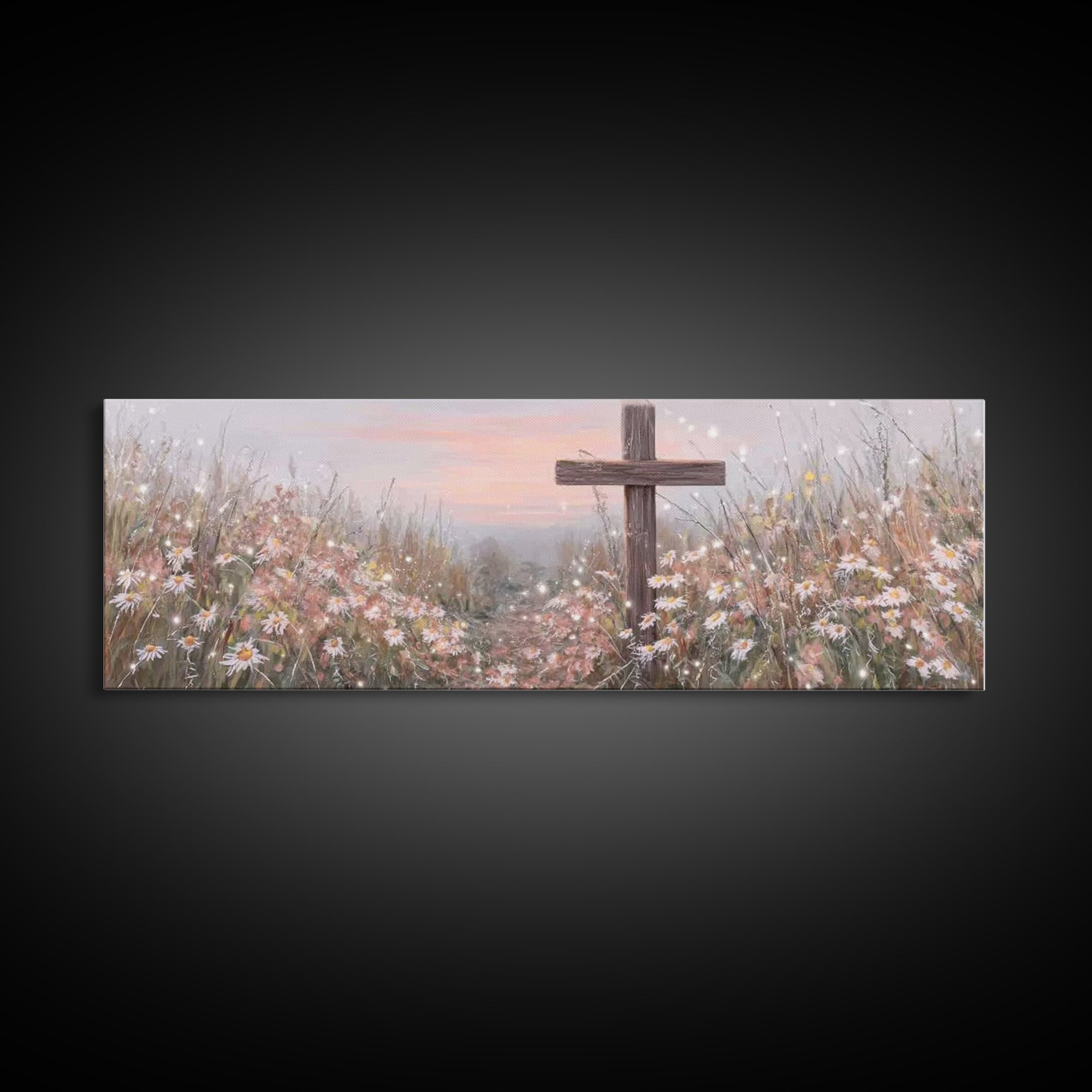 Silent Cross Meadow | Framed Canvas Print | Panoramic Wall Art | Christian Art Canvas | Subtle Christian Art | Christian Decor | Christmas