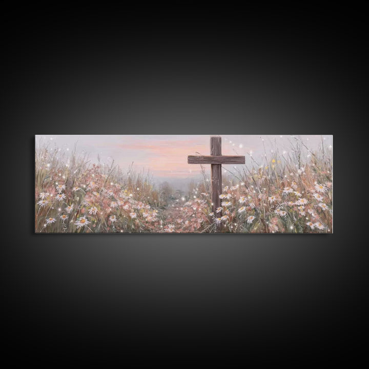 Silent Cross Meadow | Framed Canvas Print | Panoramic Wall Art | Christian Art Canvas | Subtle Christian Art | Christian Decor | Christmas