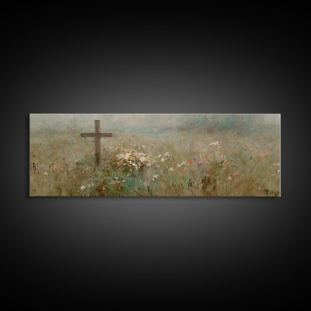 Quiet Garden Cross | Framed Canvas Print | Extra Wide Art | Christian Wall Art | Christian Art Print | Christian Christmas Decor | Modern C