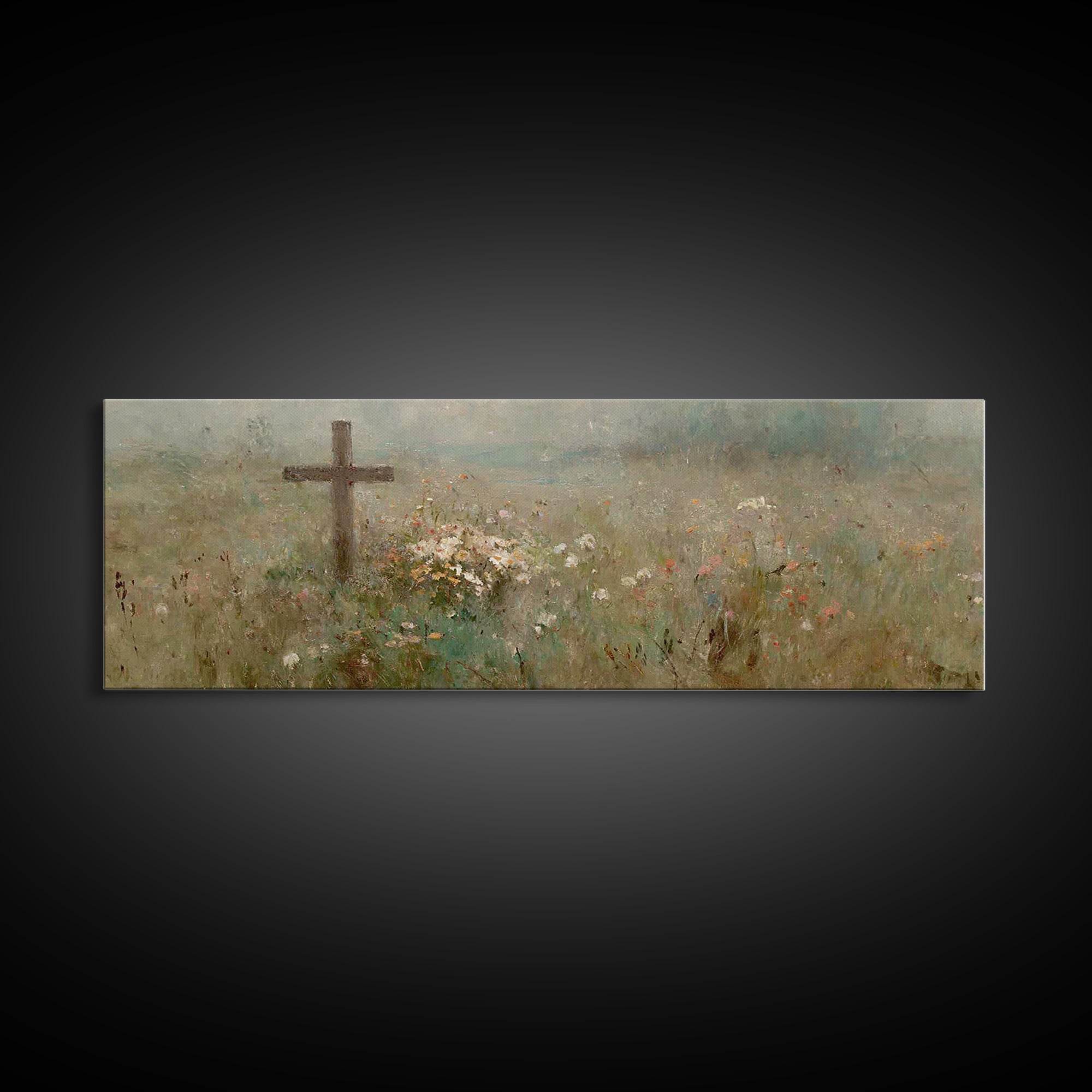 Quiet Garden Cross | Framed Canvas Print | Extra Wide Art | Christian Wall Art | Christian Art Print | Christian Christmas Decor | Modern C