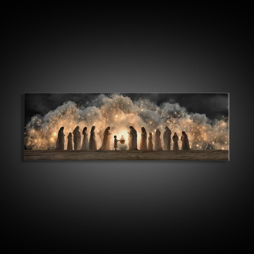 Circle Of Angels, Framed Canvas Print, Panoramic Wall Art, Jesus Christmas Art, Christian Christmas Decor, Christian Art Work, Christian Ca