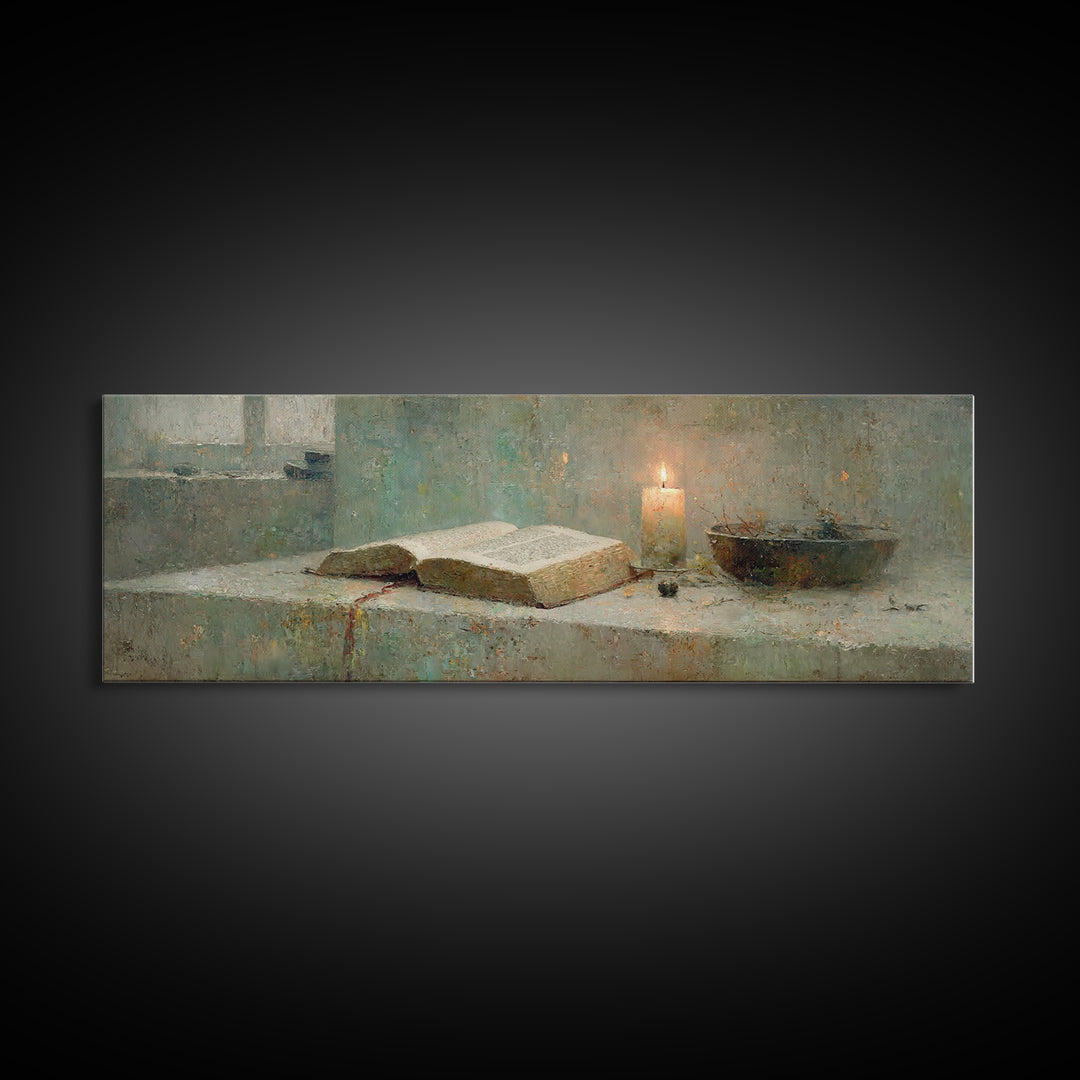 Sacred Study – Framed Canvas Print – Panoramic Painting – Christian Art Canvas – Christian Art Work – Christian Gift – Moody Christian Art