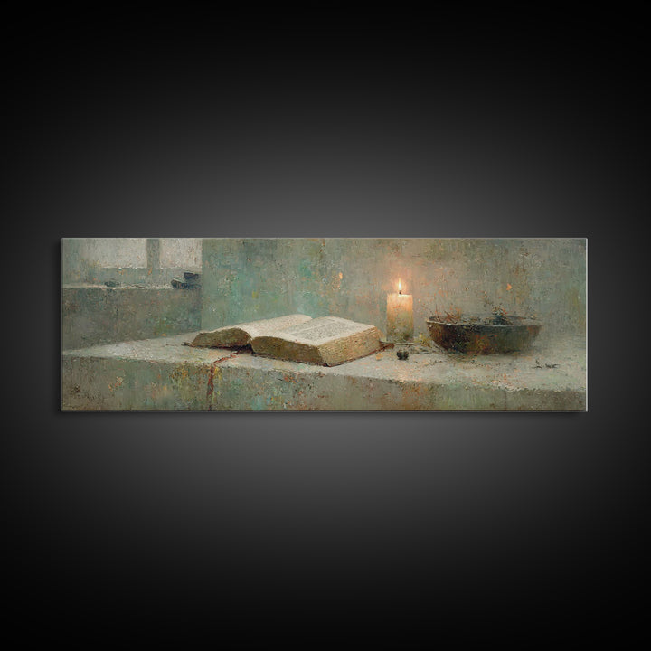 Sacred Study – Framed Canvas Print – Panoramic Painting – Christian Art Canvas – Christian Art Work – Christian Gift – Moody Christian Art