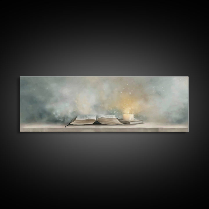 Candlelit Scripture | Framed Canvas Print | Christian Christmas Art | Panoramic Wall Art | Christian Art Canvas | Christian Painting | Chri