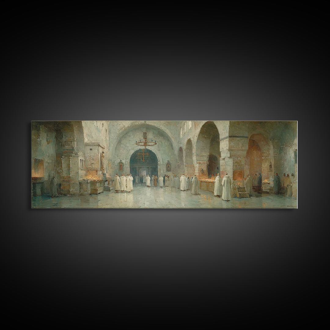 Monastic Gathering – Framed Canvas Print – Christian Art Canvas – Panoramic Frame – Christmas Art – Christian Decorations – Christian Paint