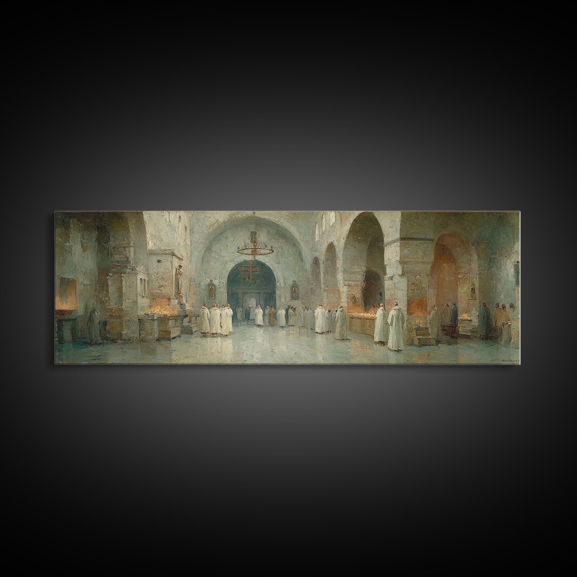 Monastic Gathering – Framed Canvas Print – Christian Art Canvas – Panoramic Frame – Christmas Art – Christian Decorations – Christian Paint