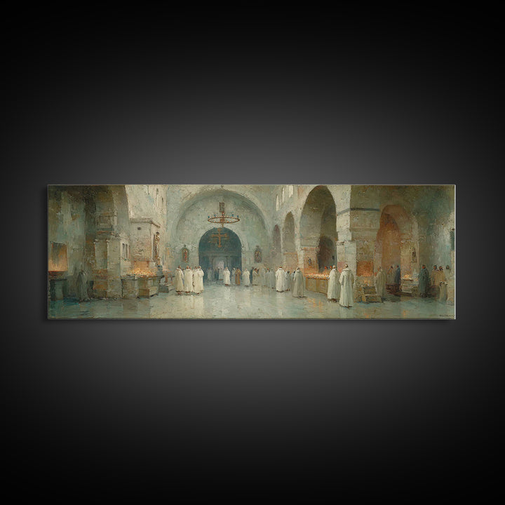 Monastic Gathering – Framed Canvas Print – Christian Art Canvas – Panoramic Frame – Christmas Art – Christian Decorations – Christian Paint