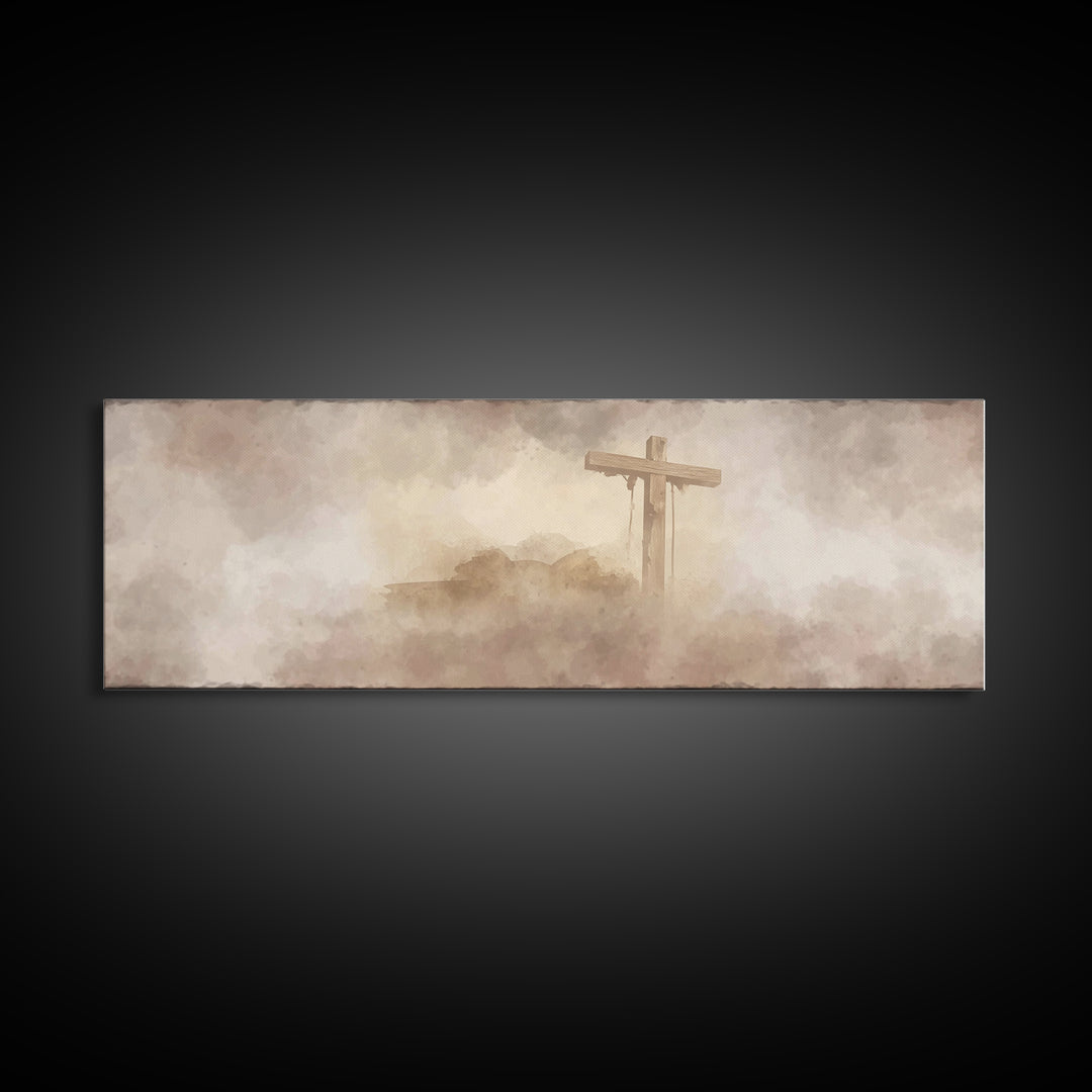 Worn Cross | Framed Canvas Print | Christian Art | Panoramic Painting | Christian Wall Art | Christian Art Canvas | Christian Artwork