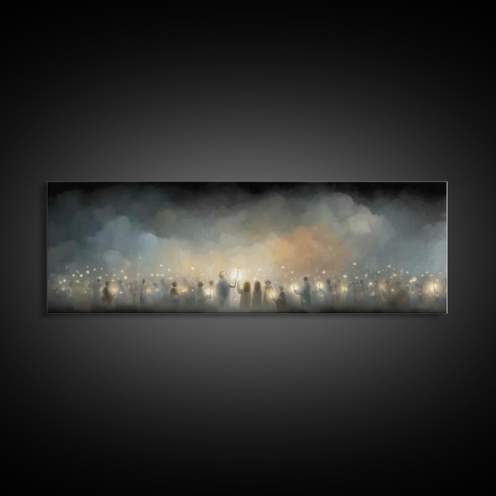 Twilight Candle Crowd | Framed Canvas Print | Christian Wall Art | Panoramic Frame | Christian Art Canvas | Christmas Art | Devotional Art