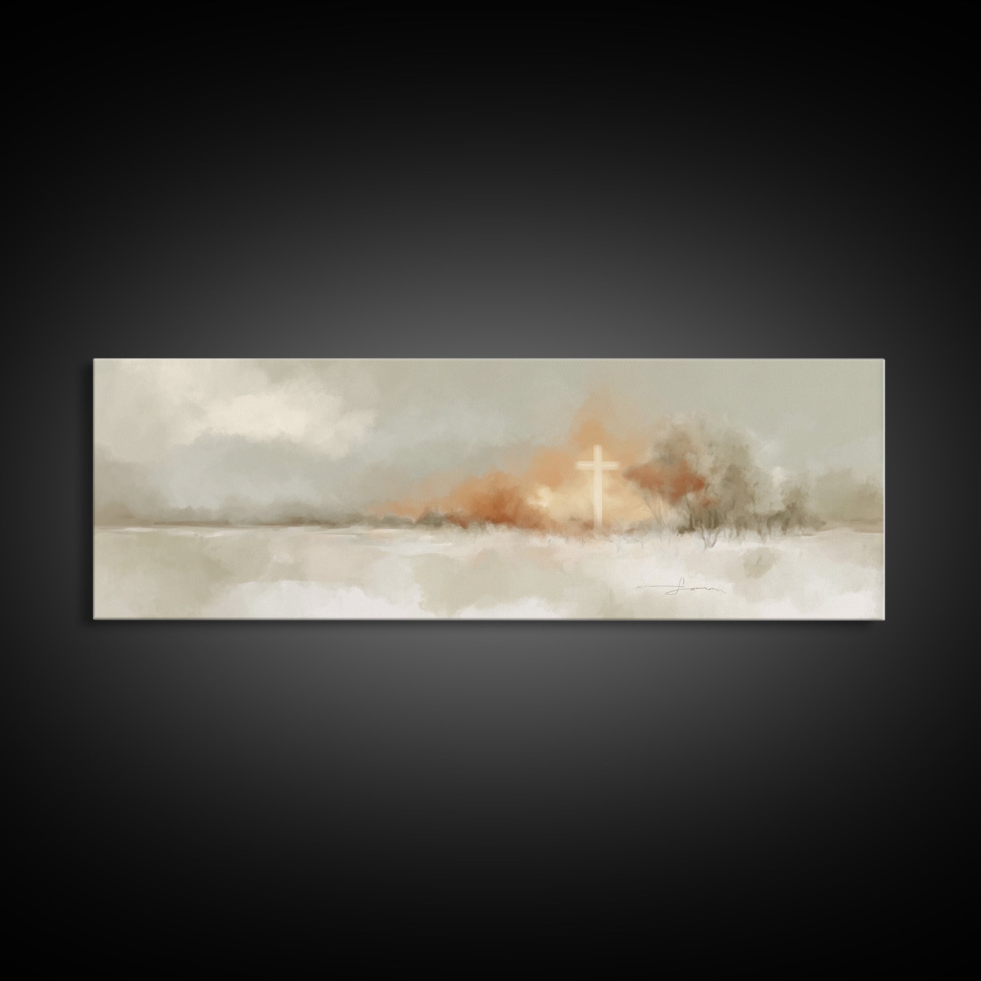 Light On Calvary, Framed Canvas Print, Christian Wall Art, Panoramic Painting, Christian Art Canvas, Christian Painting, Christian Decor