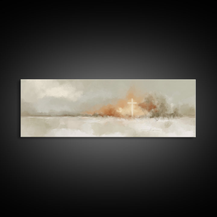 Light On Calvary, Framed Canvas Print, Christian Wall Art, Panoramic Painting, Christian Art Canvas, Christian Painting, Christian Decor