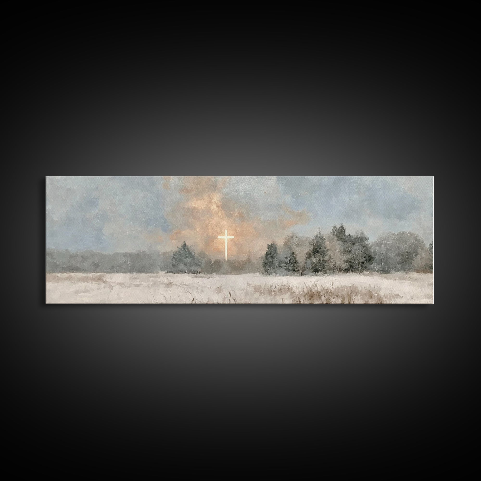 Winter Cross Light, Framed Canvas Print, Panoramic Art, Christian Art Canvas, Christian Wall Art, Christian Painting, Christmas Art