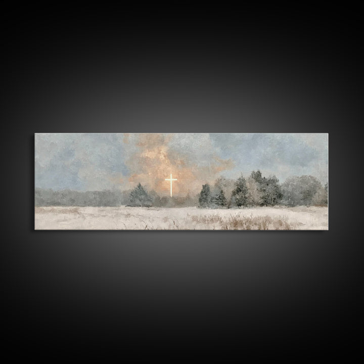 Winter Cross Light, Framed Canvas Print, Panoramic Art, Christian Art Canvas, Christian Wall Art, Christian Painting, Christmas Art