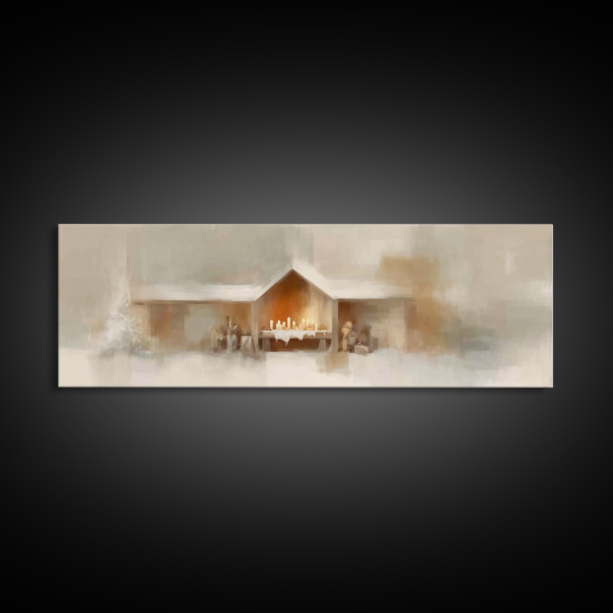 Humble Stable Offering - Framed Canvas Print - Christian Wall Art - Panoramic Painting - Christian Art Canvas - Christmas Art - Sacred Art