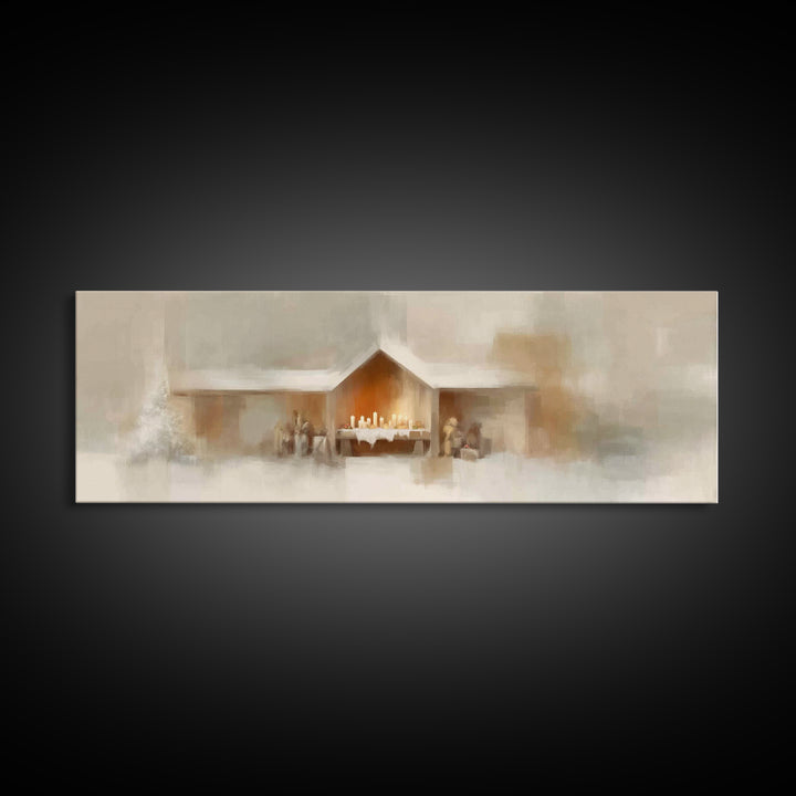 Humble Stable Offering - Framed Canvas Print - Christian Wall Art - Panoramic Painting - Christian Art Canvas - Christmas Art - Sacred Art