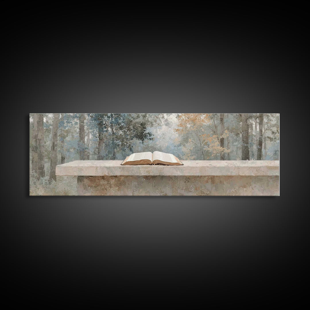 Forest Scripture Calm | Framed Canvas Print | Christian Wall Art | Panoramic Wall Art | Christian Art Canvas | Christian Painting