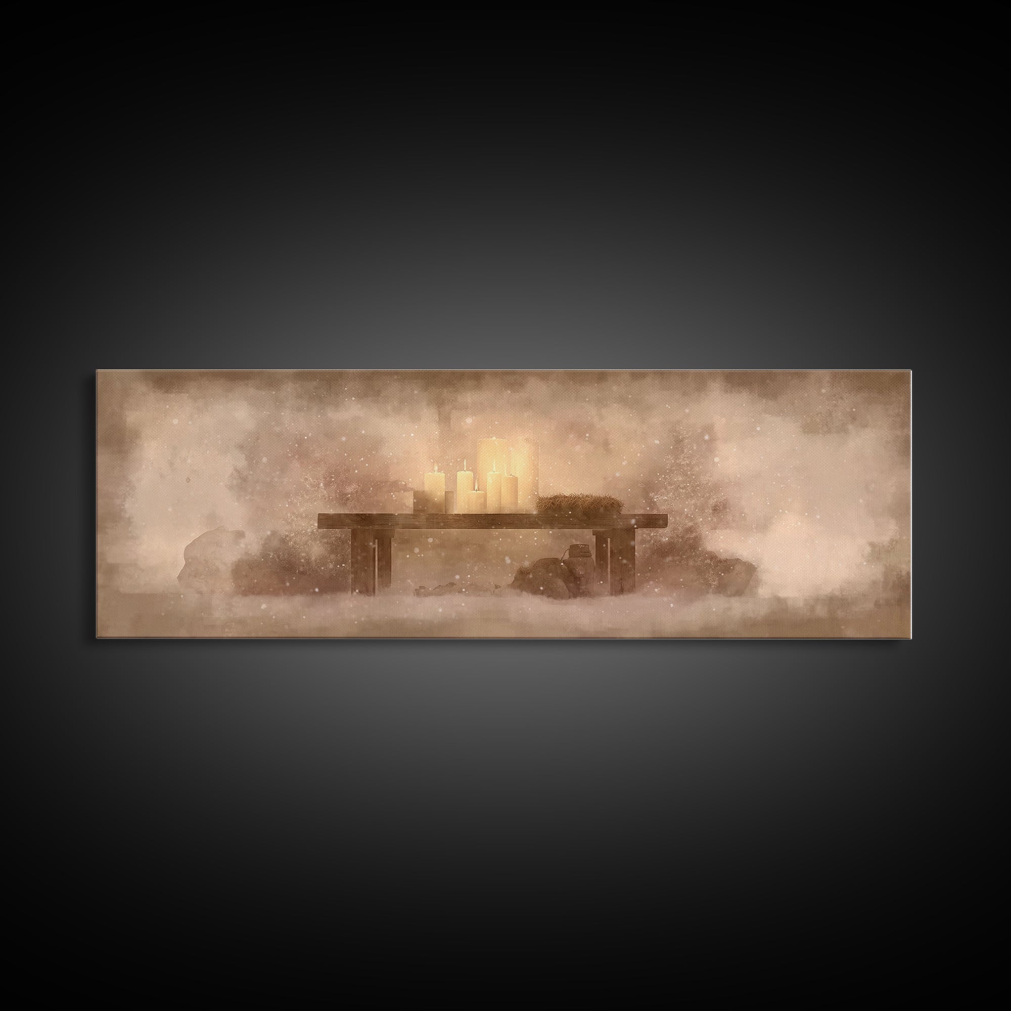 Silent Manger Glow – Framed Canvas Print – Panoramic Art – Christian Wall Art – Christian Art Canvas – Christmas Art – Christian Christmas