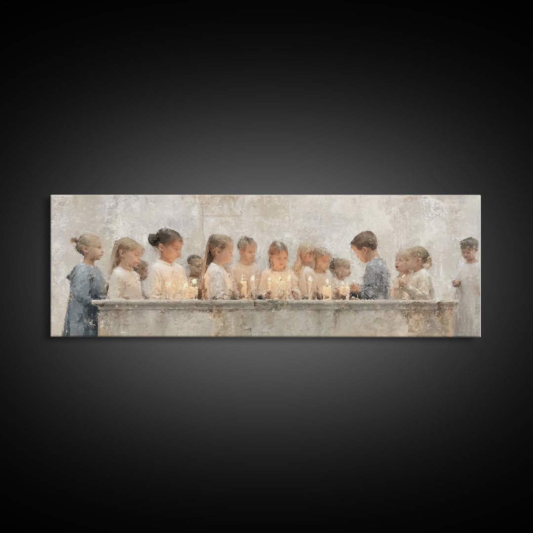 Children’s Candle Prayer – Framed Canvas Print – Panoramic Art – Christian Wall Art – Christian Art Canvas – Christian Painting – Christmas
