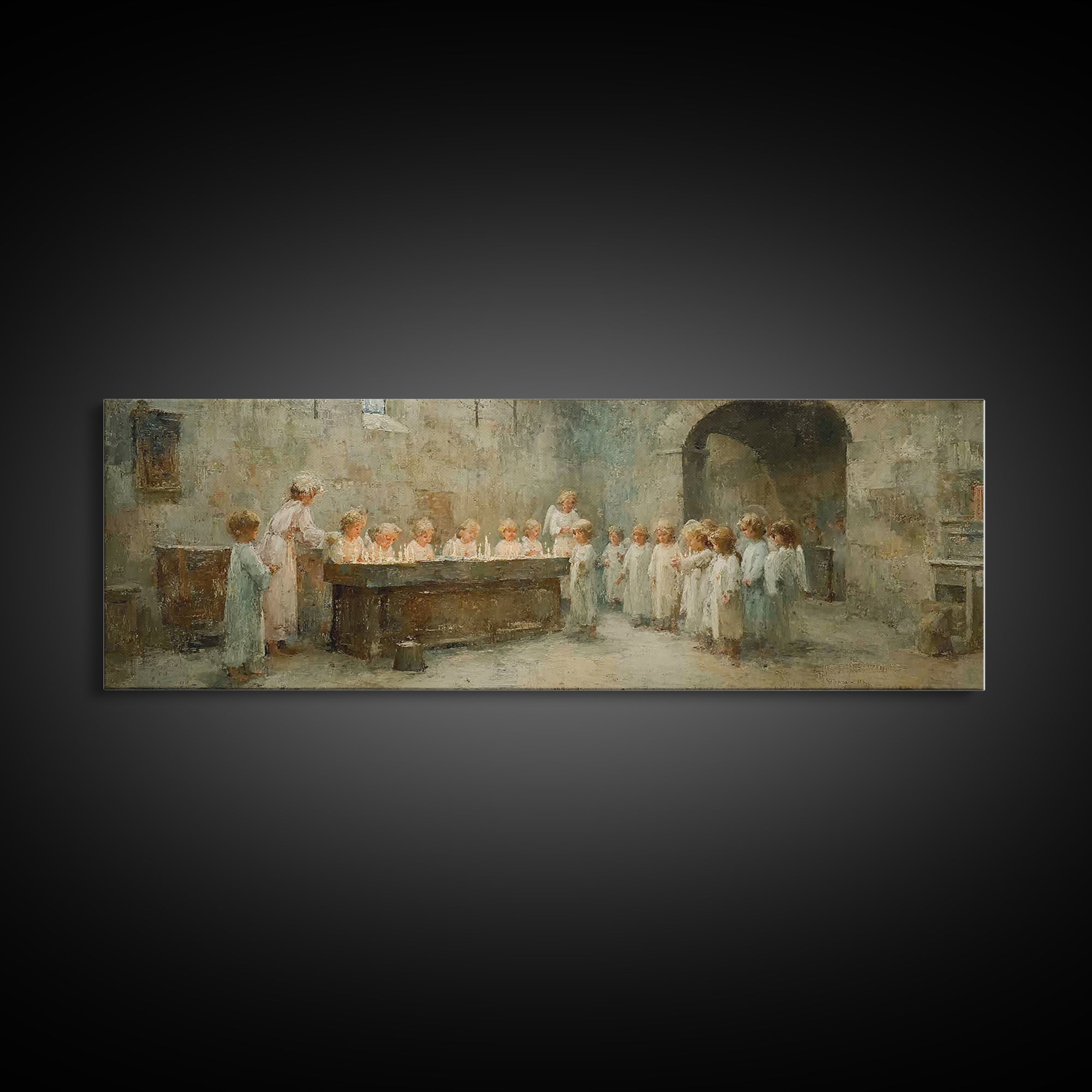 Angel Hall Gathering, Framed Canvas Print, Panoramic Art, Christian Wall Art, Christian Art Canvas, Christian Painting, vintage Christian a