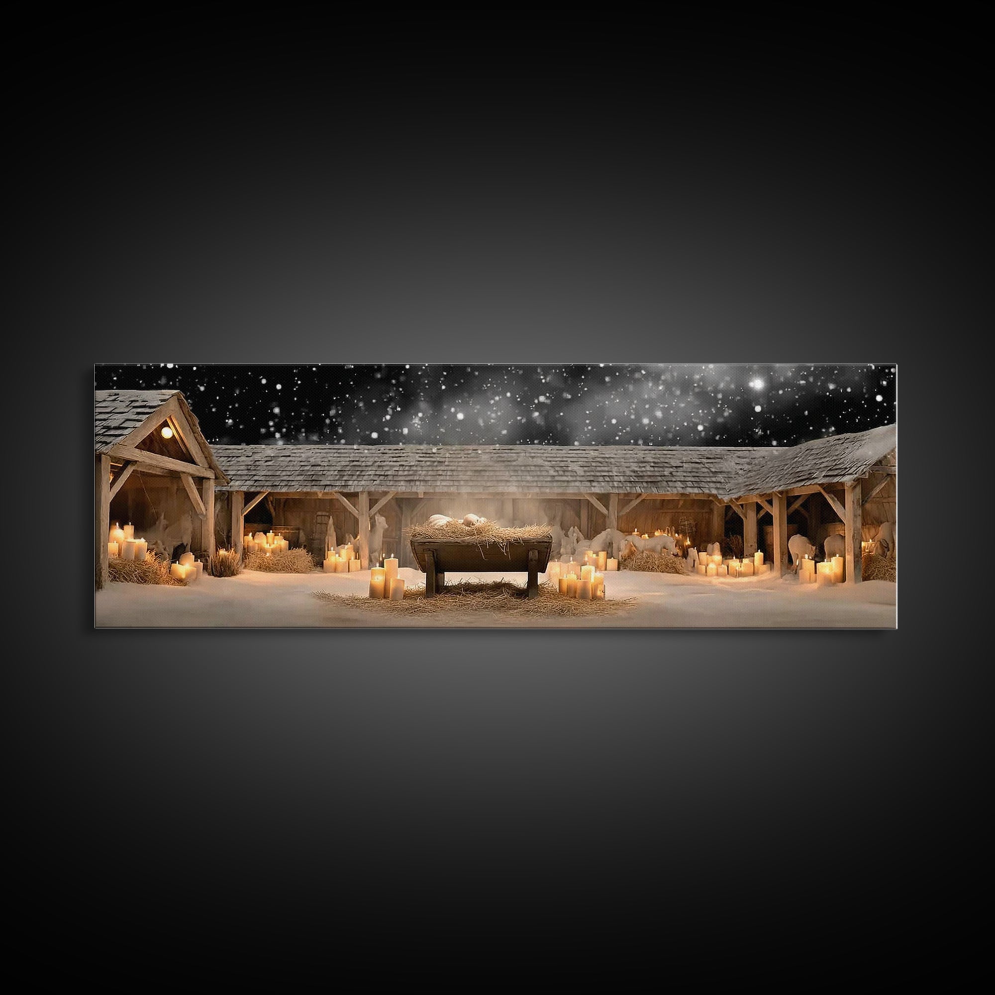 Holy Night Cradle, Framed Canvas Print, Panoramic Painting, Christian Wall Art, Jesus Christmas Art, Christian Art Canvas, Christmas Art