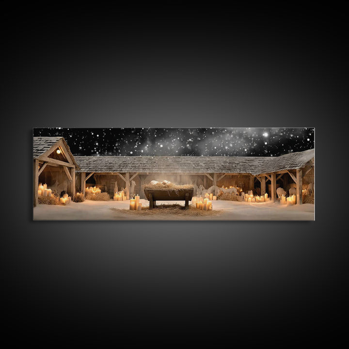 Holy Night Cradle, Framed Canvas Print, Panoramic Painting, Christian Wall Art, Jesus Christmas Art, Christian Art Canvas, Christmas Art