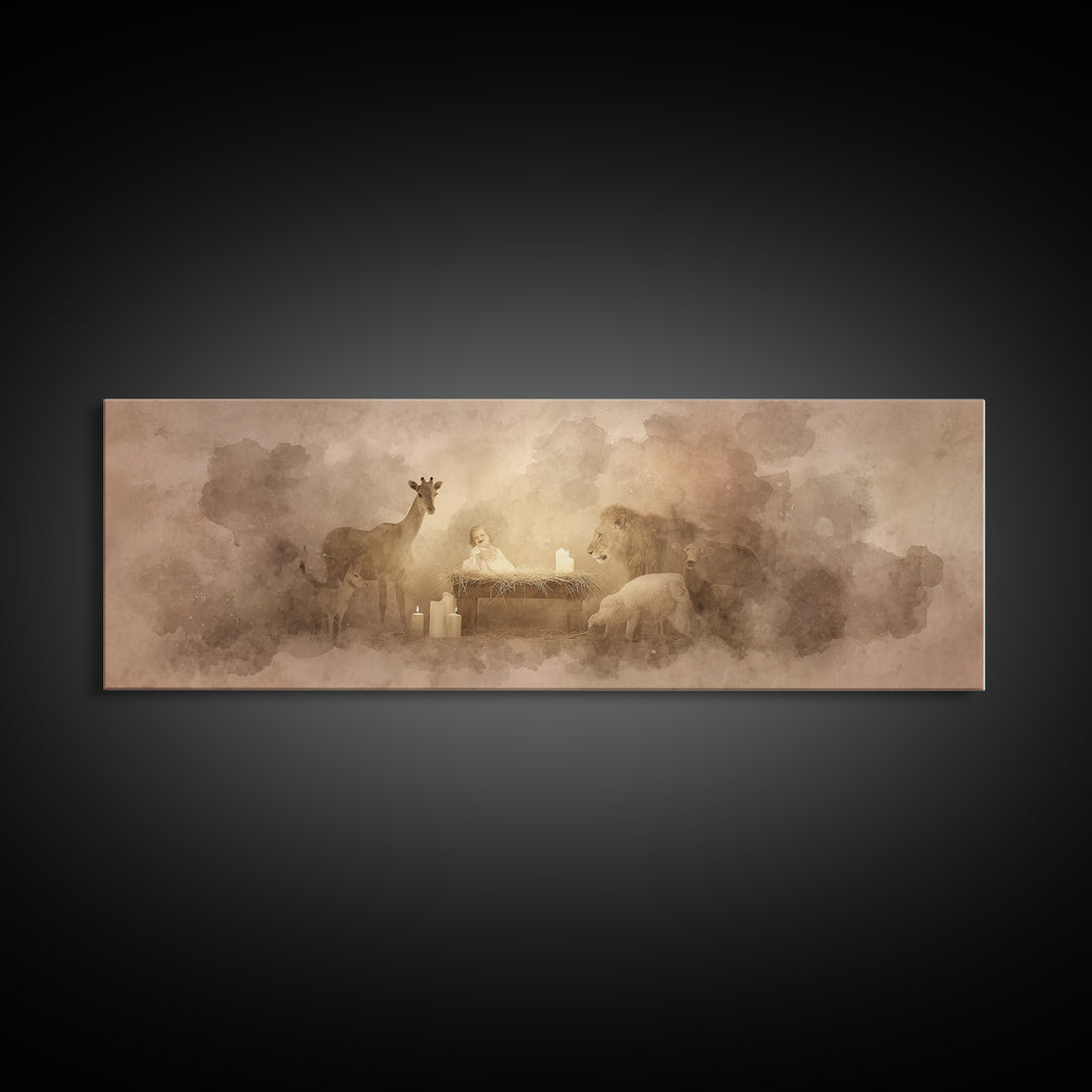 Gentle Manger Peace, Framed Canvas Print, Christian Wall Art, Panoramic Art, Christian Art Canvas, Christmas Art, Christian Christmas Decor