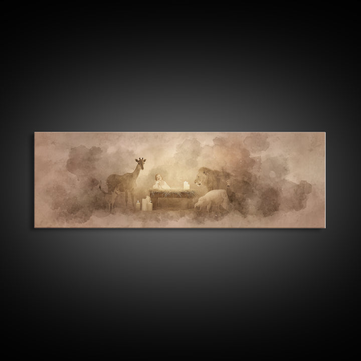 Gentle Manger Peace, Framed Canvas Print, Christian Wall Art, Panoramic Art, Christian Art Canvas, Christmas Art, Christian Christmas Decor