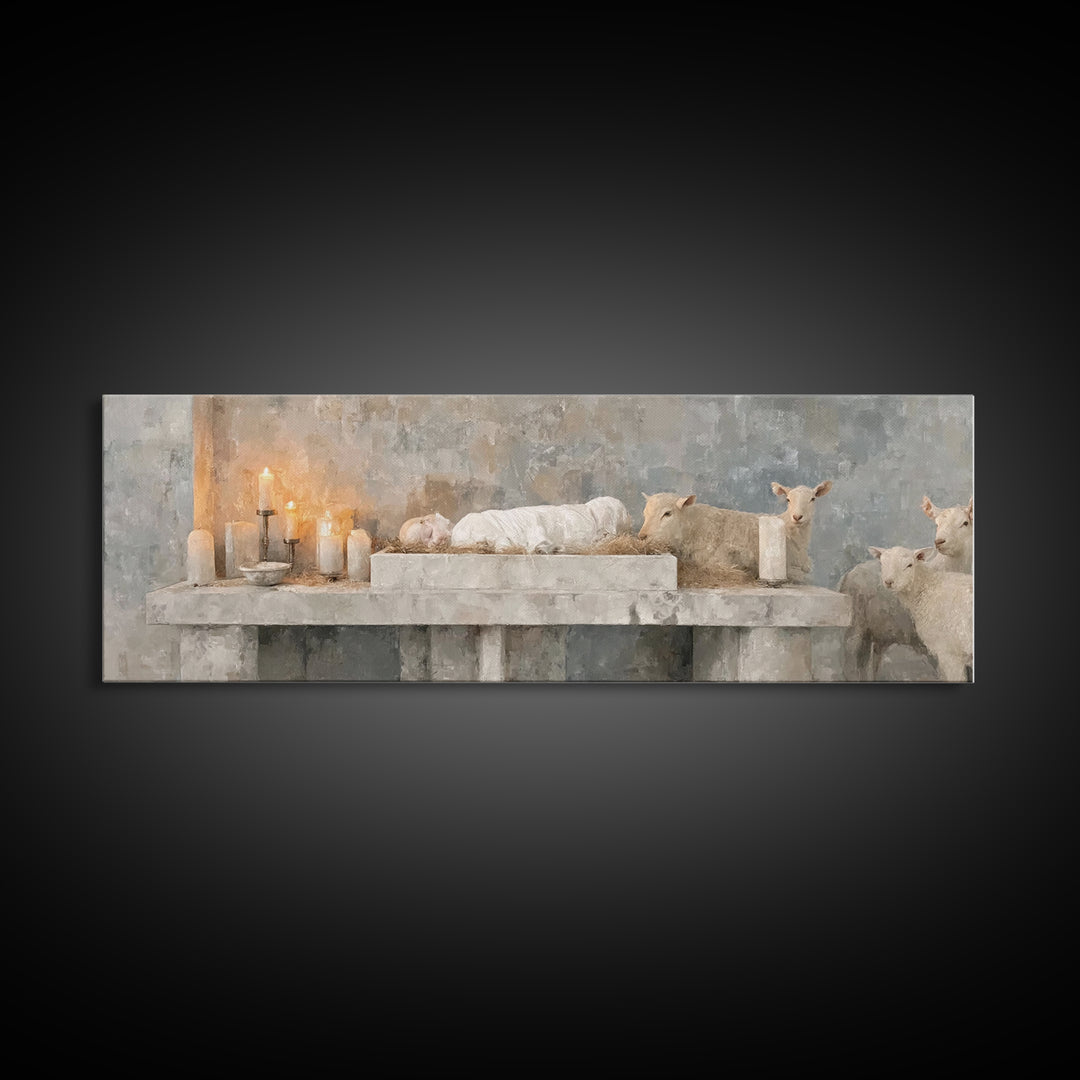 Manger Candle Hope, Framed Canvas Print, Panoramic Wall Art, Christmas Art, Christian Wall Art, Christian Art Canvas, Christian Gift