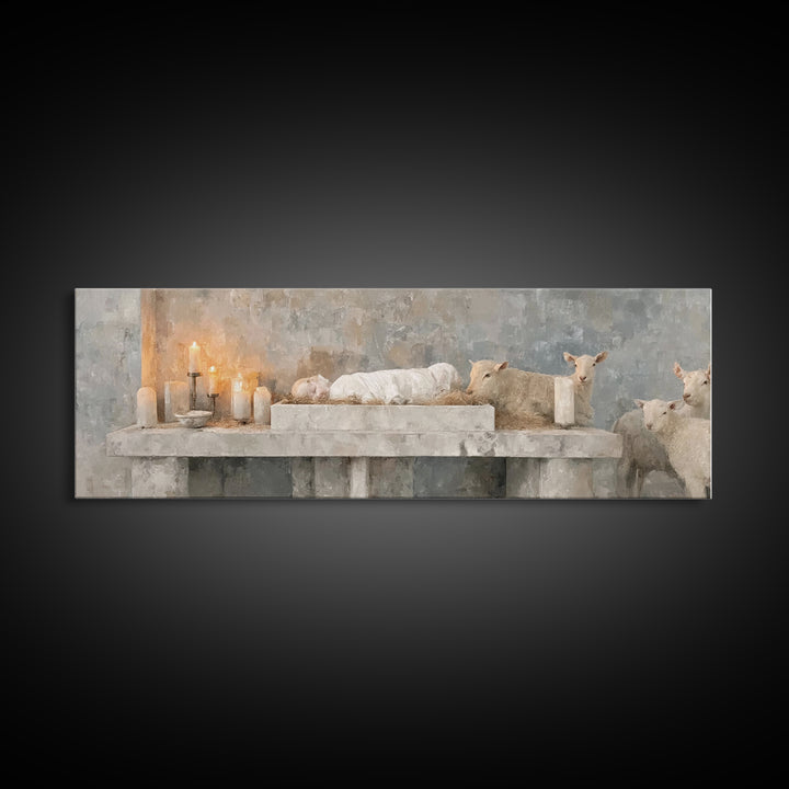 Manger Candle Hope, Framed Canvas Print, Panoramic Wall Art, Christmas Art, Christian Wall Art, Christian Art Canvas, Christian Gift