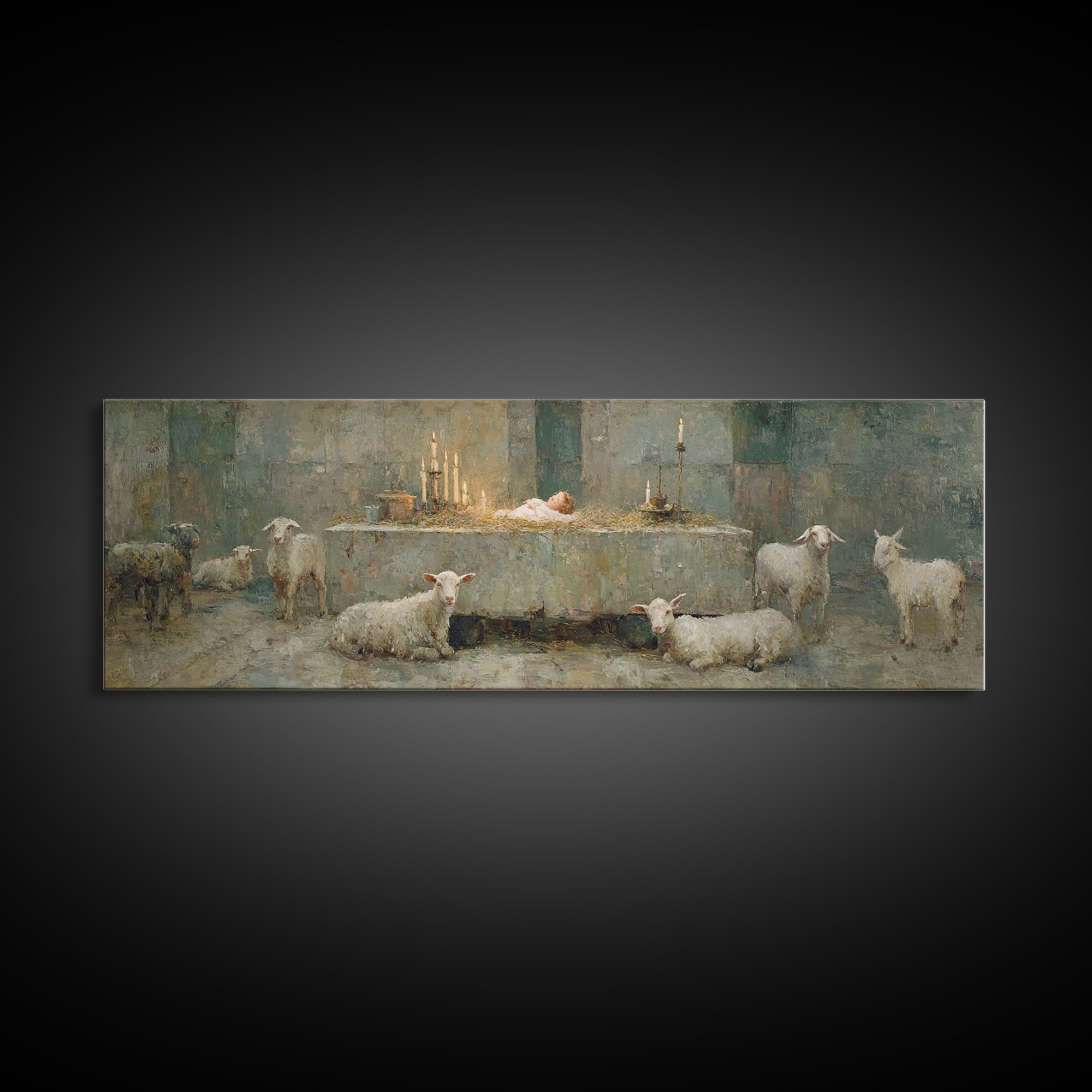 Quiet Stable Glory – Framed Canvas Print – Panoramic Art – Christian Wall Art – Christmas Wall Art – Christian Art Canvas – Vintage Christi