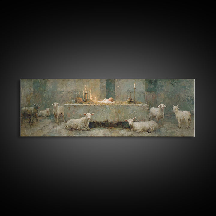 Quiet Stable Glory – Framed Canvas Print – Panoramic Art – Christian Wall Art – Christmas Wall Art – Christian Art Canvas – Vintage Christi