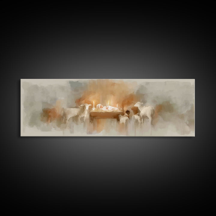 Soft Manger Glow | Framed Canvas Print | Christmas Art | Christian Art Canvas | Panoramic Painting | Christian Wall Art | Christian Christm