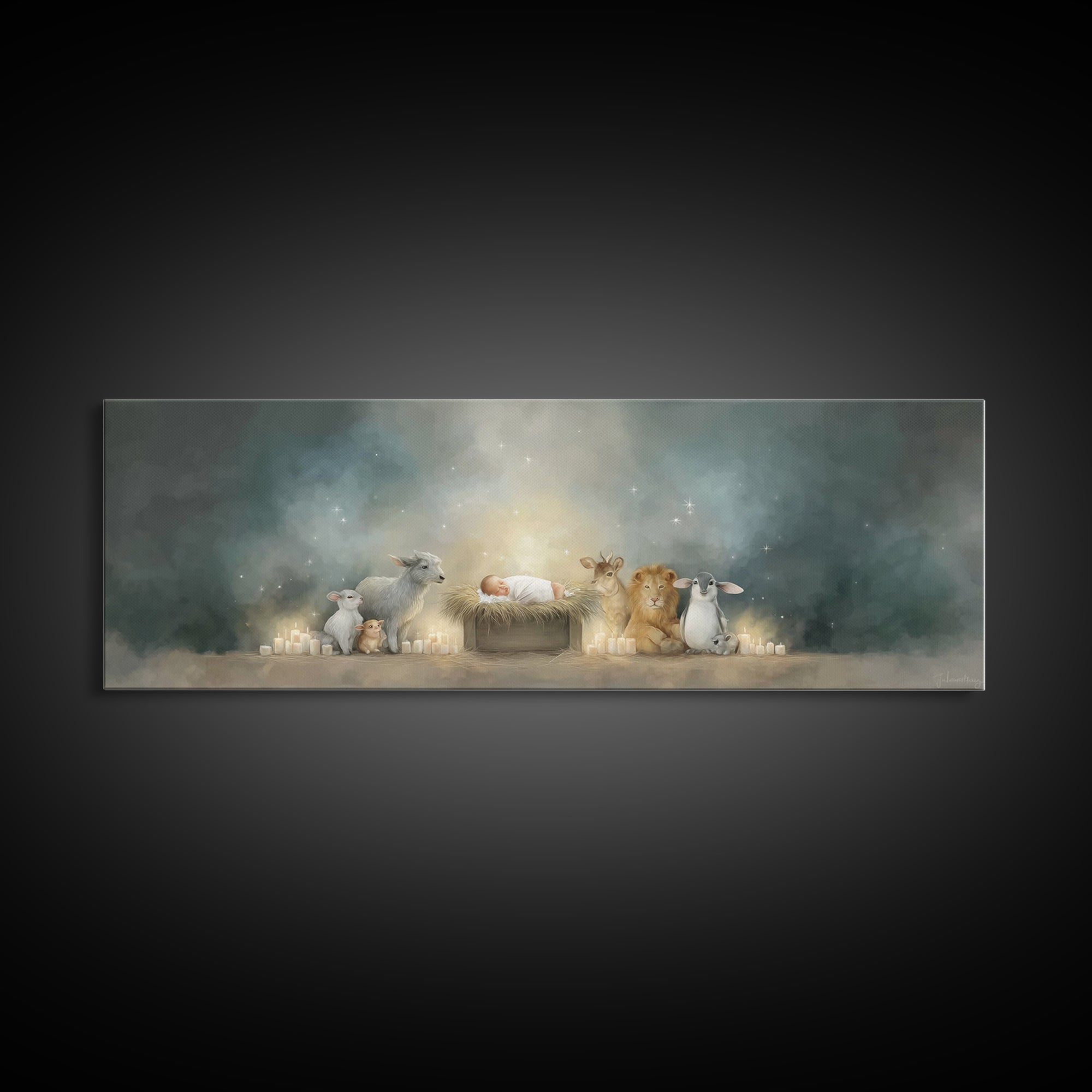 Starry Cradle Light, Framed Canvas Print, Christian Christmas Art, Christian Art Canvas, Panoramic Art, Christmas Wall Art, Christian Art