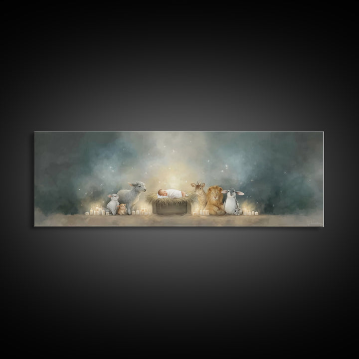 Starry Cradle Light, Framed Canvas Print, Christian Christmas Art, Christian Art Canvas, Panoramic Art, Christmas Wall Art, Christian Art