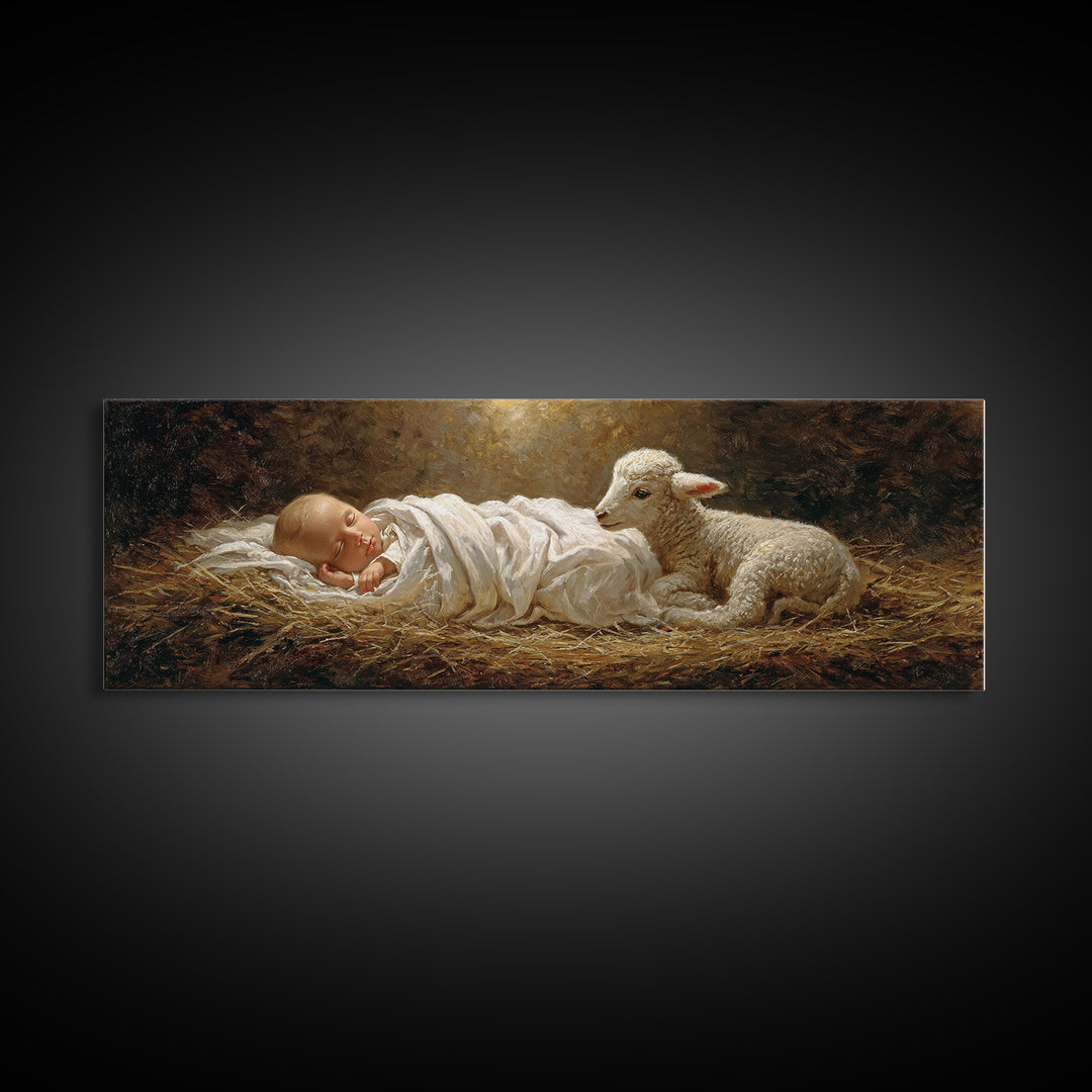 Lamb of Promise | Framed Canvas Print | Christian Art Canvas | Panoramic Frame | Christmas Art | Christian Wall Art | Christian Art