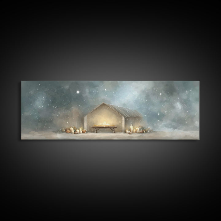 Gentle Stable Peace – Framed Canvas Print – Panoramic Painting – Christian Wall Art – Christian Art Canvas – Christmas Art – Subtle Christi