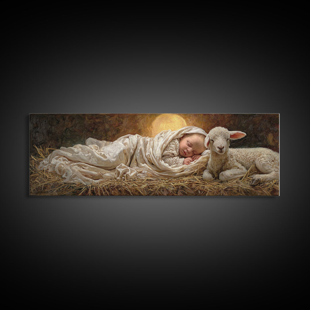 Holy Night Peace, Framed Canvas Print, Christian Wall Art, Christmas Art Prints, Jesus Painting, Panoramic Art, Christian Art Canvas