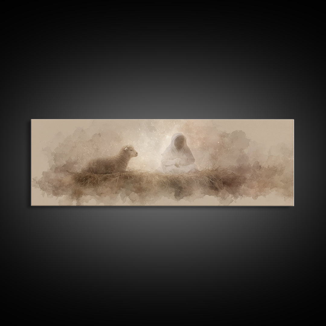 Starry Manger Glow | Framed Canvas Print | Christian Christmas Art | Christian Art Canvas | Jesus Painting | Panoramic Wall Art