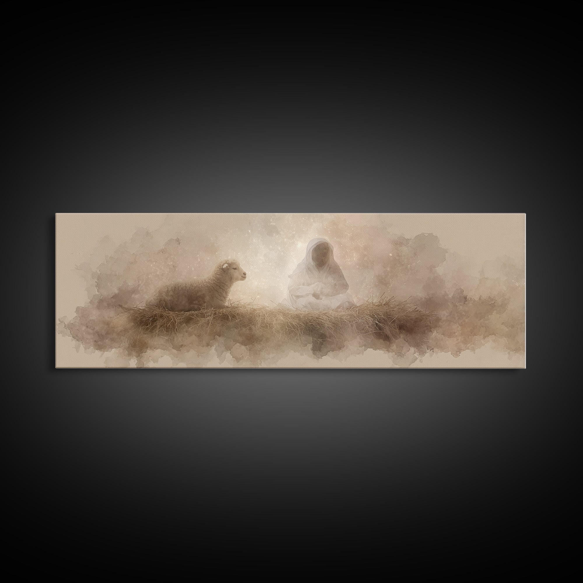 Starry Manger Glow | Framed Canvas Print | Christian Christmas Art | Christian Art Canvas | Jesus Painting | Panoramic Wall Art